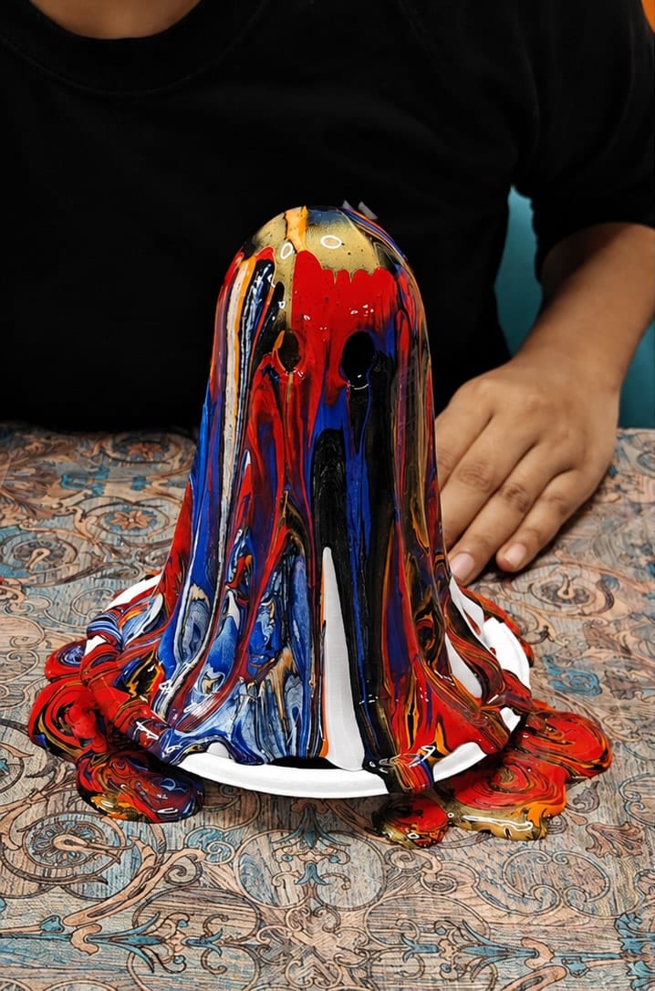 A ghost figure covered in poured red, blue and gold paint