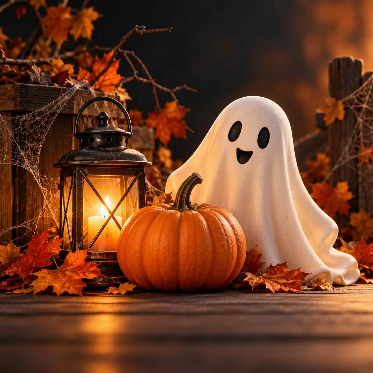 Ghost, pumpkin and lantern