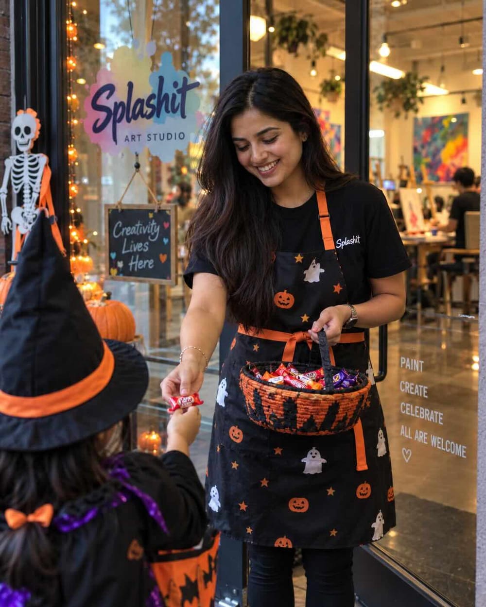 A Splashit host handing sweets to a child in a witch costume at the studio door